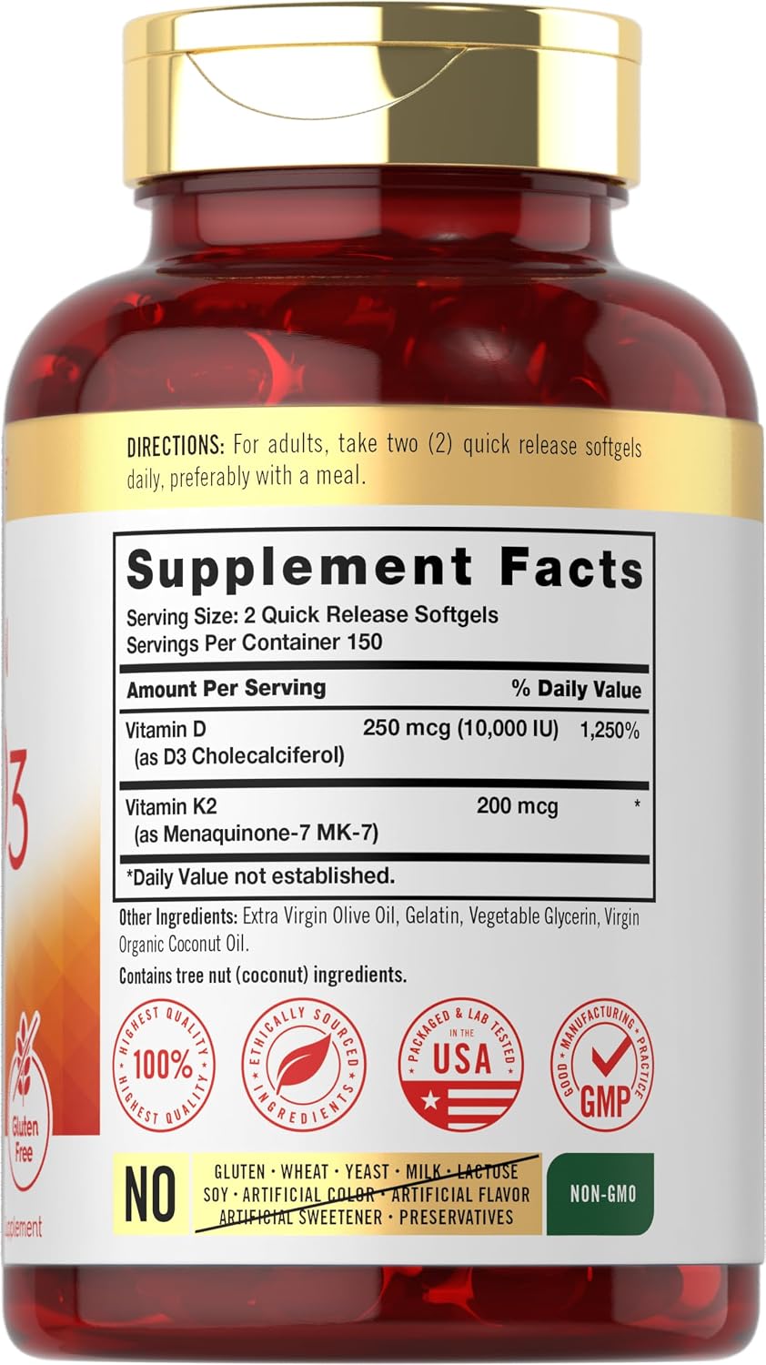 Carlyle Vitamin K2 D3 Supplement | 200mcg K2 MK7 & 10,000 IU D3 | 300 Softgels | Non-GMO, Gluten-free - görsel 2