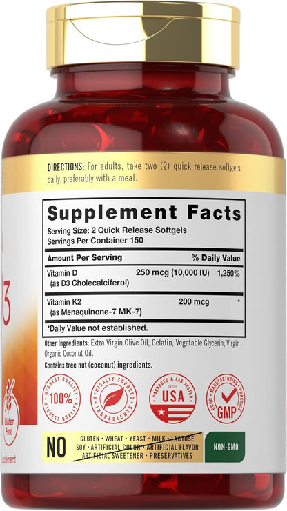 Carlyle Vitamin K2 D3 Supplement | 200mcg K2 MK7 & 10,000 IU D3 | 300 Softgels | Non-GMO, Gluten-free