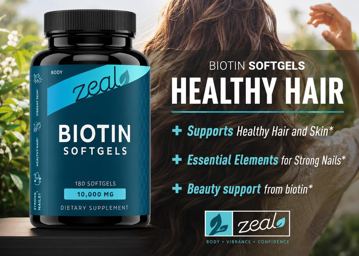 Zeal Biotin 10000mcg Oil Softgels - Hair, Skin & Nails Support - 180 Softgels - görsel 3