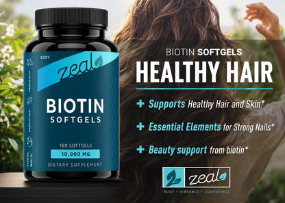 Zeal Biotin 10000mcg Oil Softgels - Hair, Skin & Nails Support - 180 Softgels