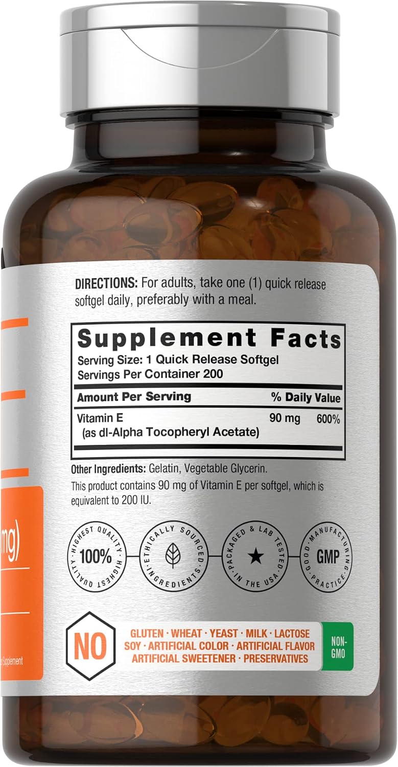 Horbäach Vitamin E Soft gel capsule Capsules 200 IU | 90 mg Supplement | 200 Count | Non-GMO and Gluten-free Formula - görsel 2