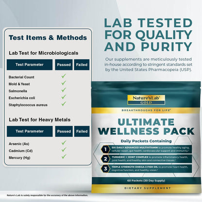 Nature's Lab Daily Vitamin Packs for Men & Women - Multivitamin + Triple Strength Omega-3 Fish Oil + Turmeric Joint Support Gold Ultimate Wellness Pack - 60 Packets