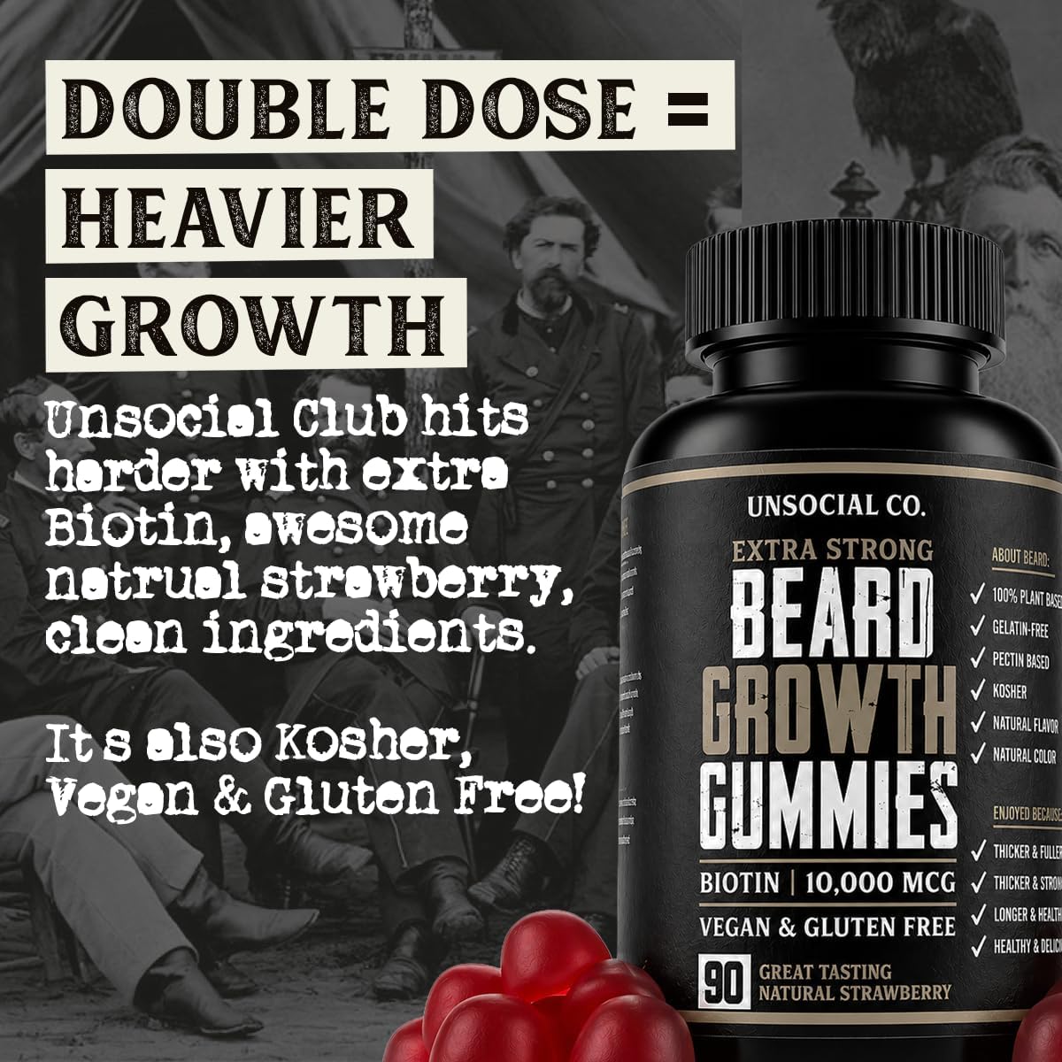 Unsocial Club Beard Growth Gummies 90 ct | 10,000mcg Biotin | Vitamin B7 | Vegan, Kosher & Gluten-free | Natural Strawberry Flavour - görsel 2