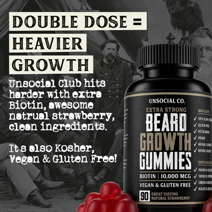 Unsocial Club Beard Growth Gummies 90 ct | 10,000mcg Biotin | Vitamin B7 | Vegan, Kosher & Gluten-free | Natural Strawberry Flavour