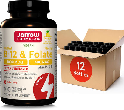Jarrow Formulae Methyl B-12 1000mcg + Methyl Folate 400mcg, Extra Strength, with P-5-P, 100 Chewable Tabs (12-Pack)