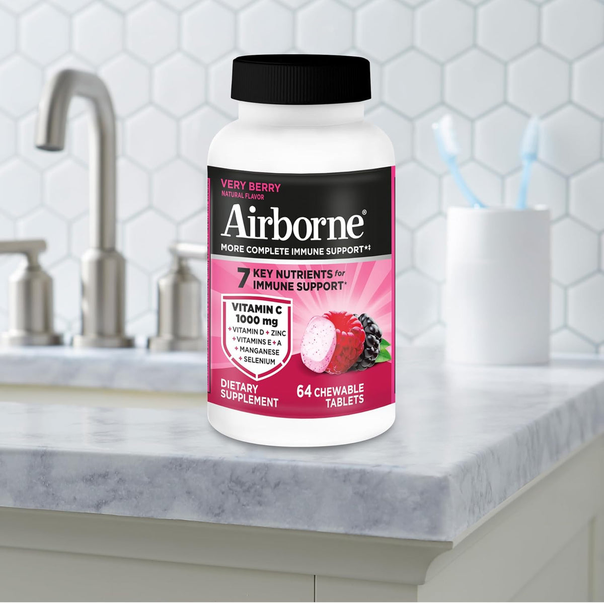 Airborne Berry Chewable Tablets - 64 Tablets - 1000mg Vitamin C Immune Support - görsel 9