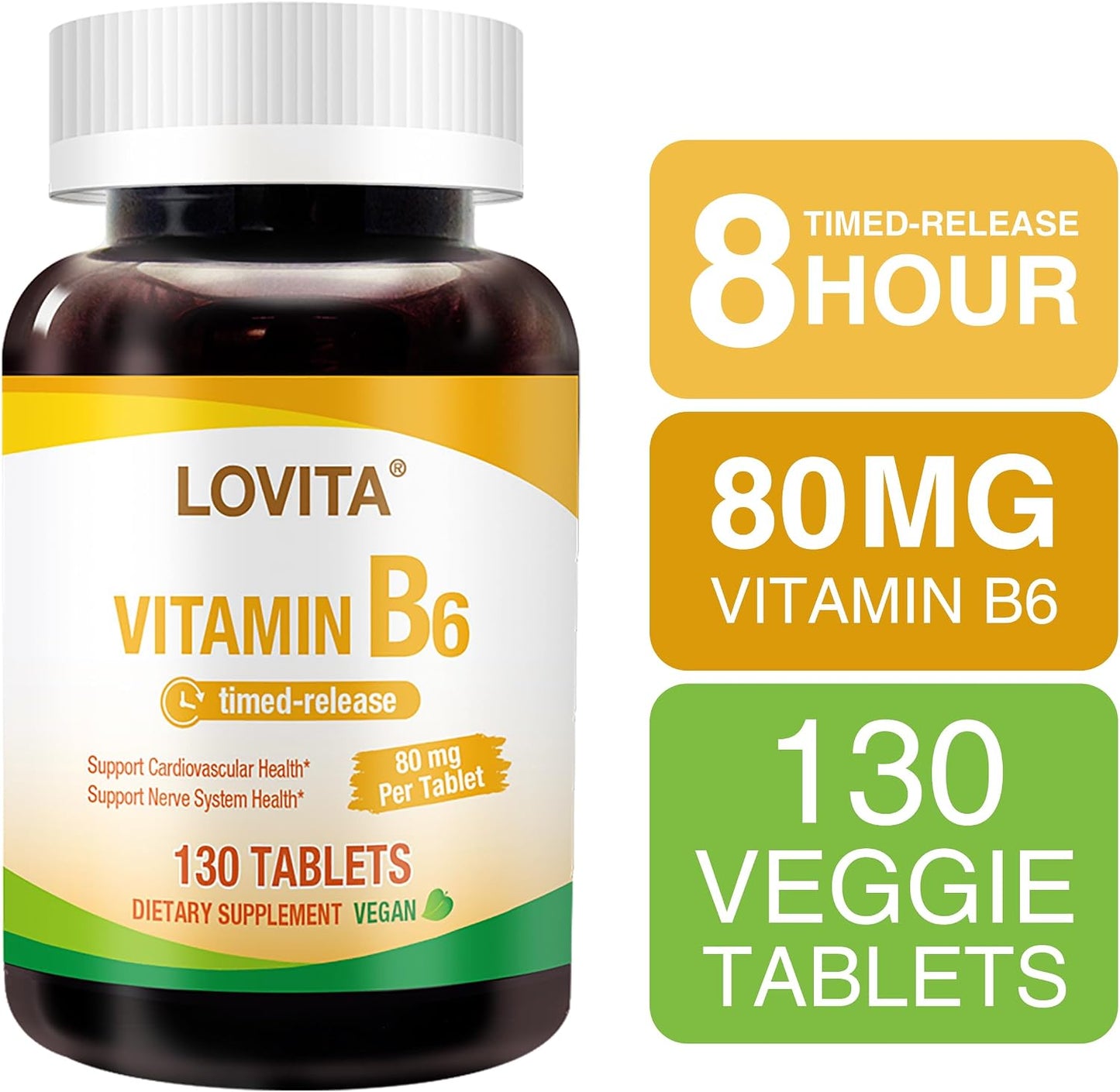 LOVITA Vitamin B6 (Pyridoxine Hydrochloride) 80mg, Timed Release, 130 Vegan Tablets - görsel 3