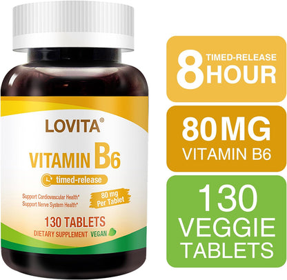 LOVITA Vitamin B6 (Pyridoxine Hydrochloride) 80mg, Timed Release, 130 Vegan Tablets