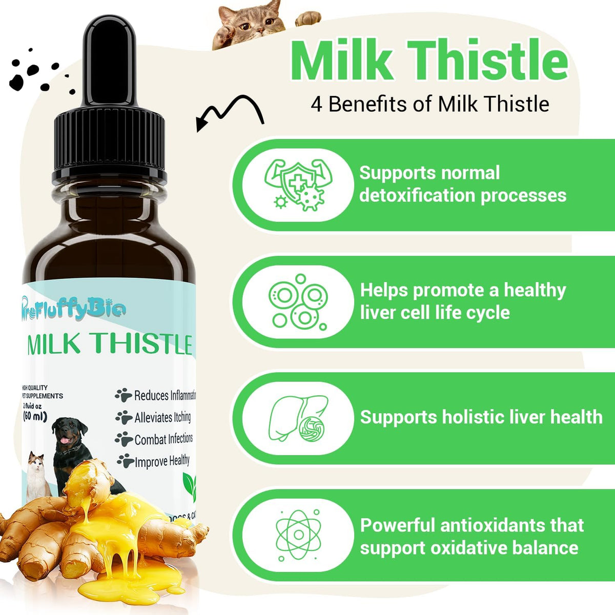 Milk Thistle for Dogs – Liver & Kidney Support, Natural Detox & Hepatic Health, with Wild Alaskan Salmon Oil & Curcumin, Omega-3 & Silymarins – Veterinarian-Formulated Herbal Supplement, 2 Oz (59 ml) (Pack of 2) - görsel 4
