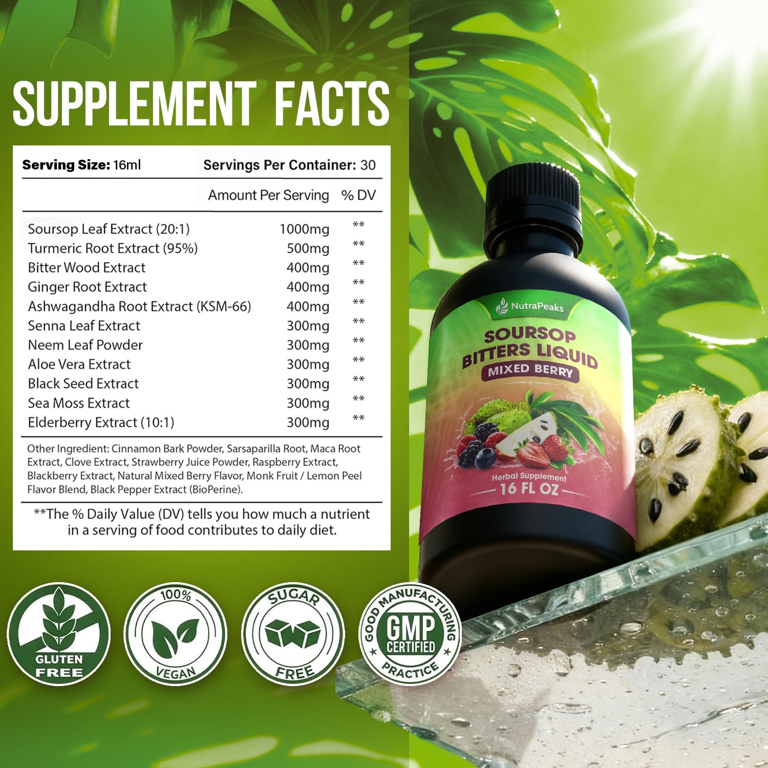 NutraPeaks Soursop Bitters Liquid – Mixed Berry, 480 ml - görsel 2
