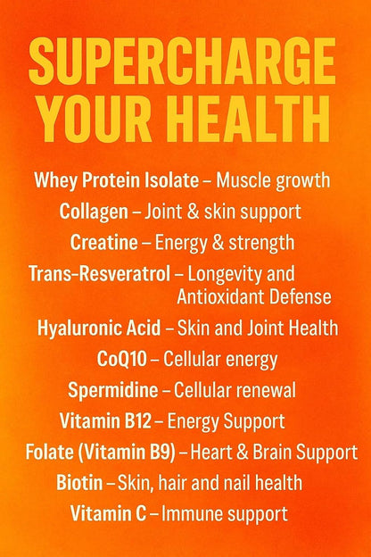 All-in-One Powder: Protein, Collagen, Creatine, Resveratrol, Spermidine, Hyaluronic Acid, CoQ10 + Key Vitamins