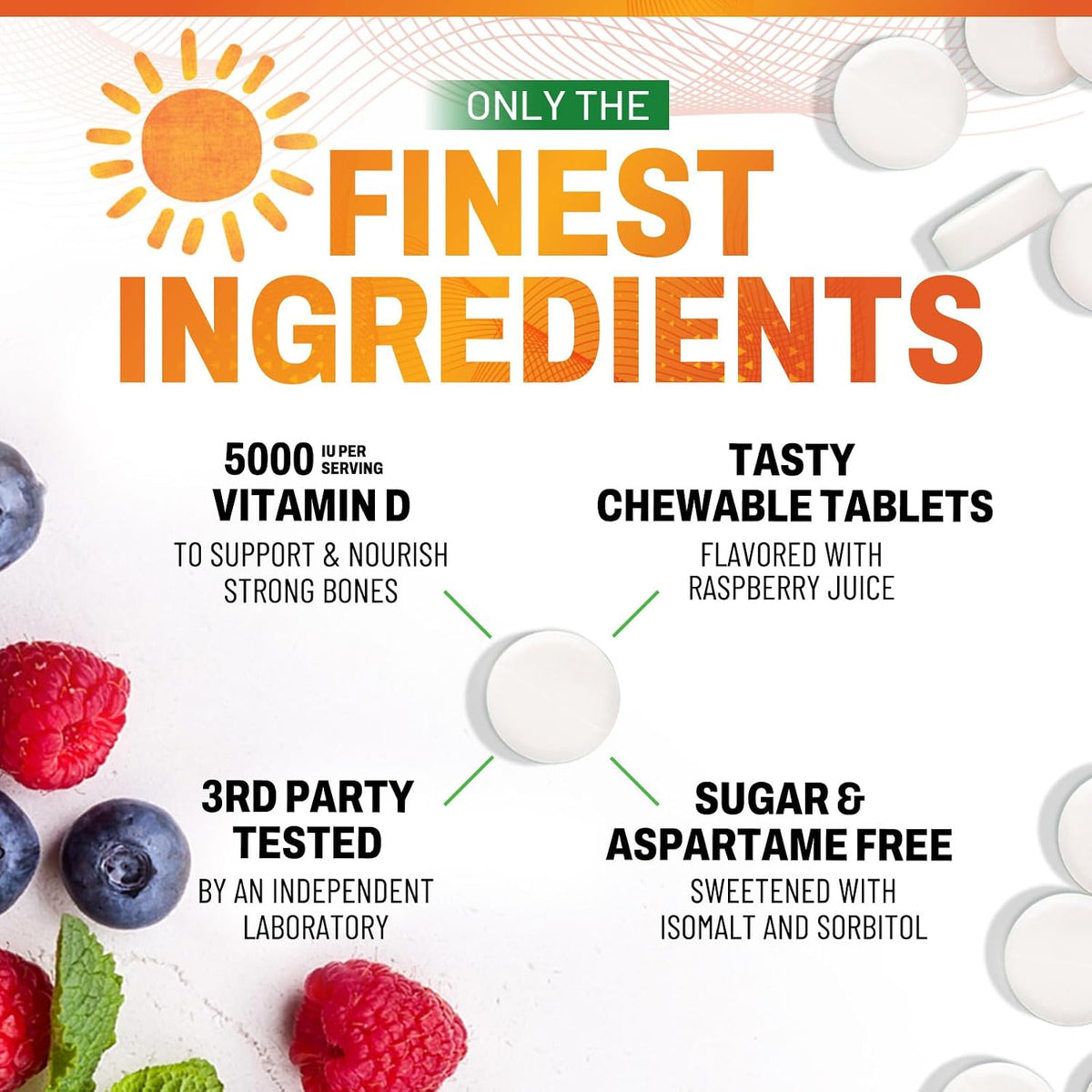 Nature's Peak Vitamin D3 5000 IU (125 mcg) Chewable Tablets – Raspberry Flavour, 120 Tablets - görsel 3
