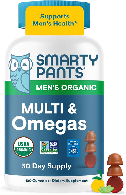 SmartyPants Men's Multivitamin Gummies with Omega-3 DHA/EPA, Methylfolate, Vitamin D3, C, B12, B6, A, K, Zinc – Raspberry Lemonade, 90 Count