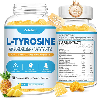 Zetelixia L-Tyrosine Gummies 2-Pack - 10-in-1 Food Supplement with L-Theanine, B6, D3, Ashwagandha - Strawberry Flavour (120 Count)