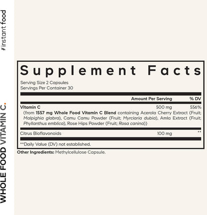 Codeage Whole Food Vitamin C Food Supplement - Acerola Cherry, Camu Camu, Amla Berry & Rose Hips Blend - Citrus Bioflavonoids - 500mg Vitamin C - Non-GMO - 60 Capsules