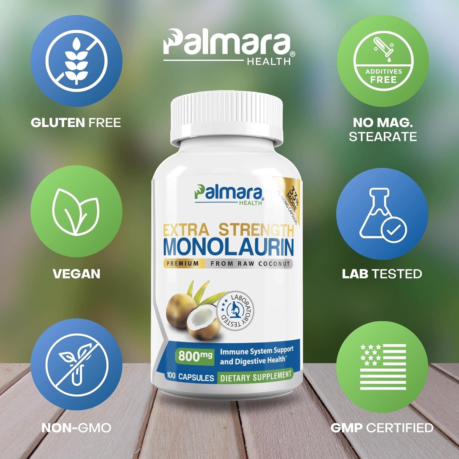Palmara Health Extra Strength Monolaurin, 1600 mg per Serving, 800 mg per Capsule, 100 Capsules - görsel 5