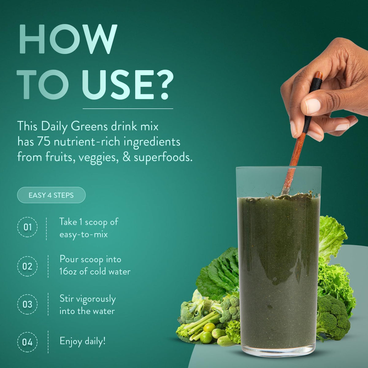 TruBrain Daily Greens: Sustained Brain Nourishment Powder - 75 Plant-Based Superfoods & Probiotics - görsel 2