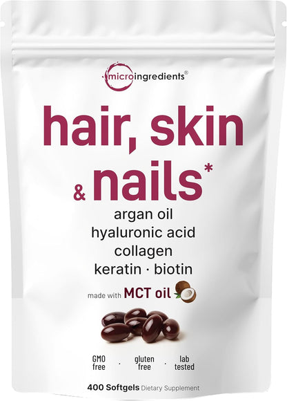 Micro Ingredients Hair, Skin and Nails Vitamins for Women & Men - 400 Soft gel capsules with MCT Oil, 21-in-1 Complex with Argan Oil, Hyaluronic Acid, Collagen, Keratin & Biotin - Non-GMO, Gluten-free