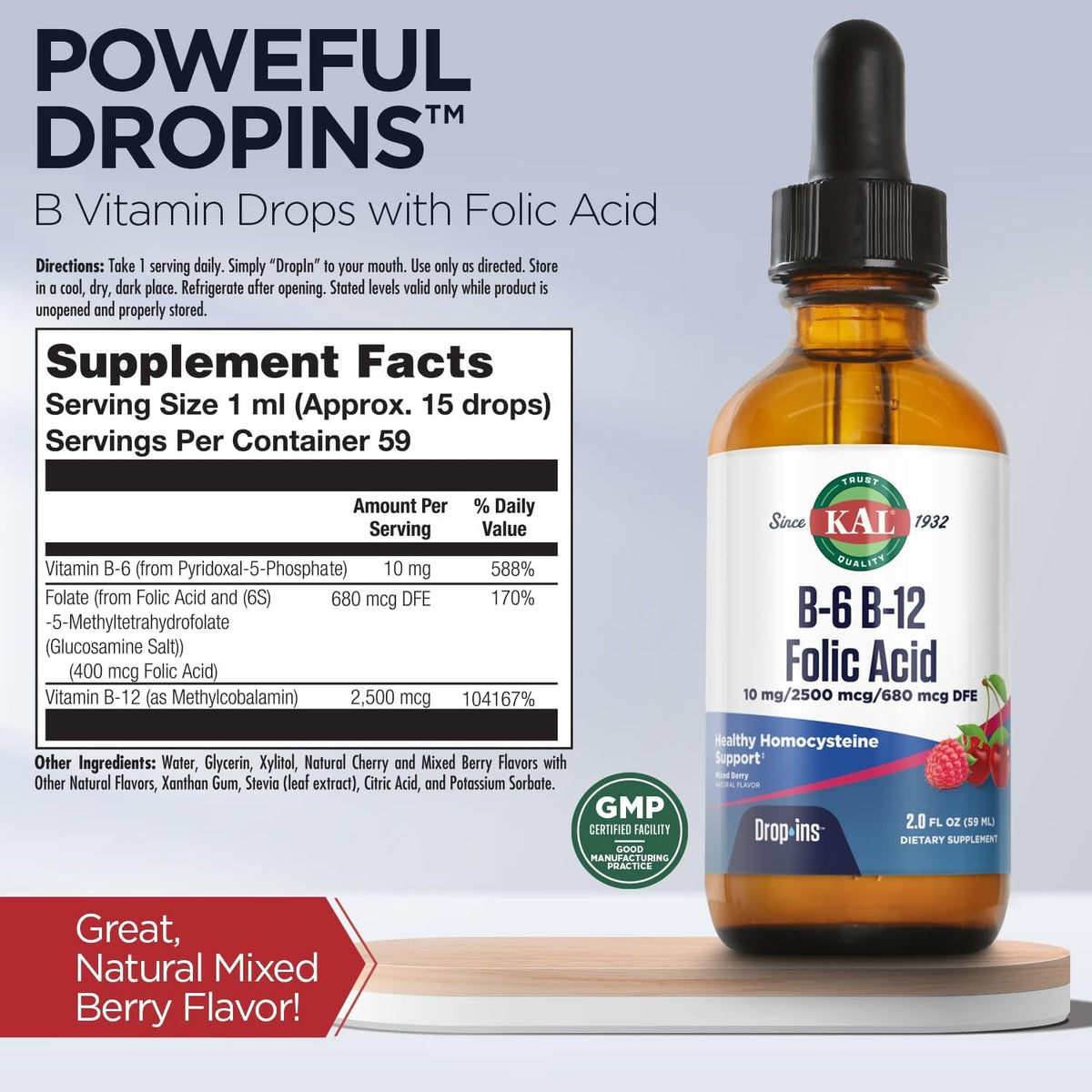 KAL Vitamin B-6 B-12 Folic Acid DropIns - Liquid Supplement with Methyl B12 and Methyl Folate, Natural Mixed Berry, 2fl oz (59 ml) - görsel 3