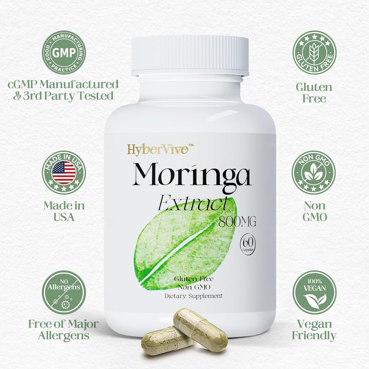 HyberVive Moringa Pure Capsules 800mg – Vegan, Non-GMO, Gluten-free – 60 Capsules - görsel 6