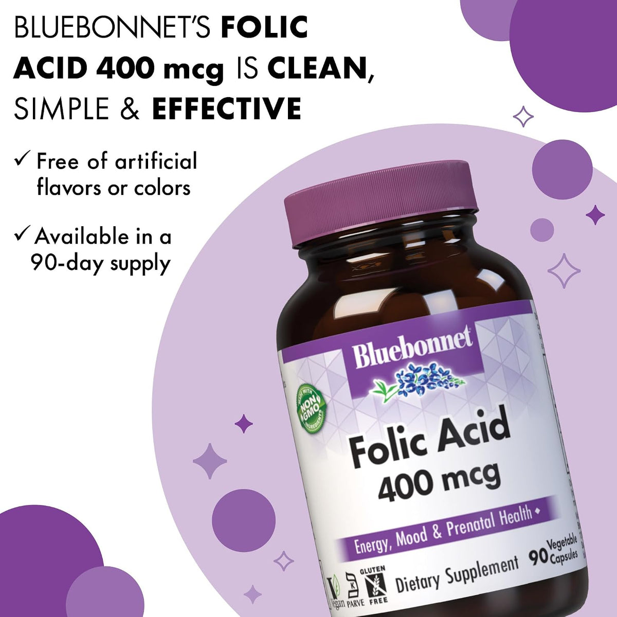 Bluebonnet Nutrition Folic Acid 400 mcg - 90 Vegetable Capsules - görsel 4