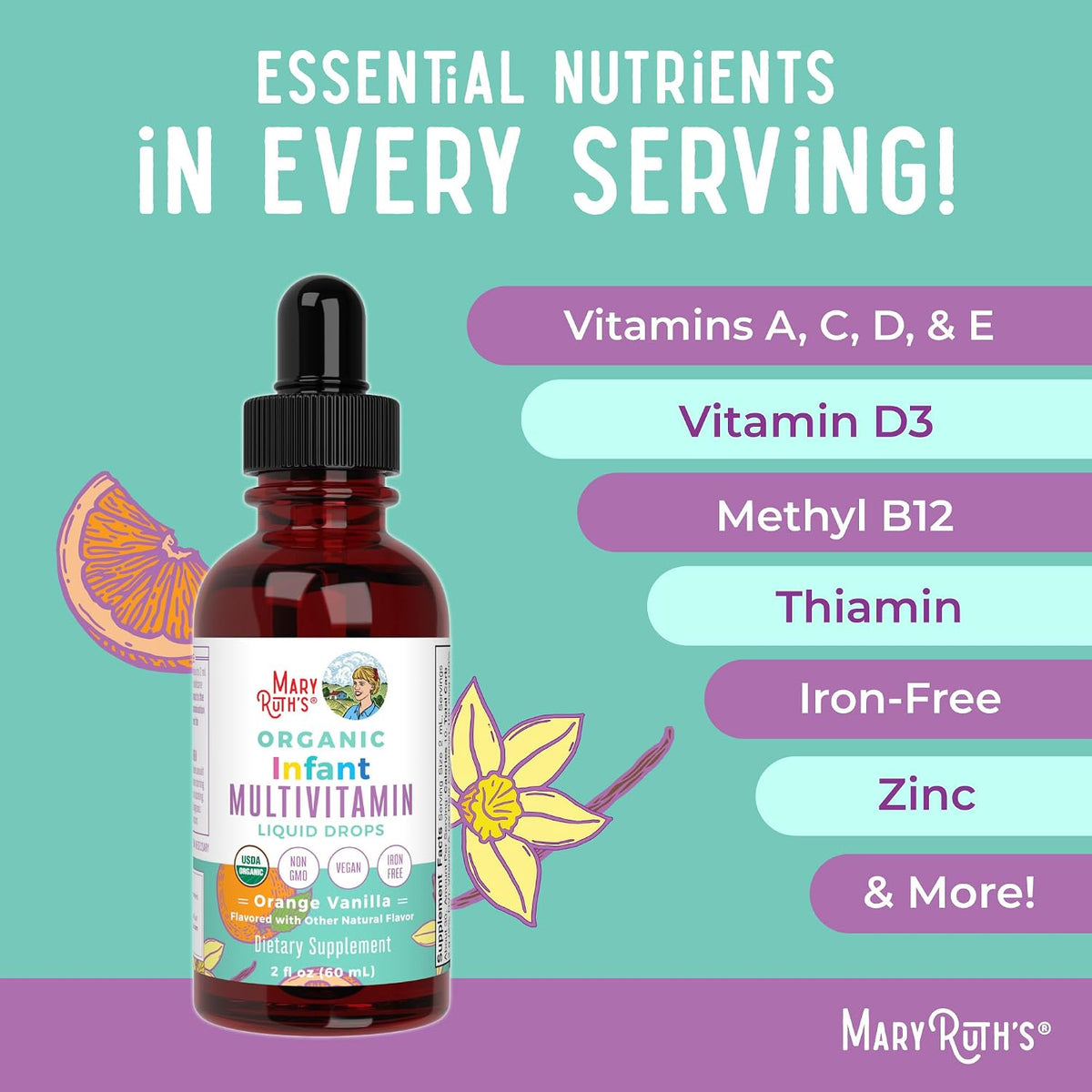 MaryRuth's Organics Infant Multivitamin Liquid Drops with Iron, USDA Organic, for Babies 6-12 Months, 2 Fl Oz (59 ml) - görsel 7