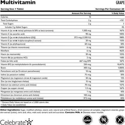 Celebrate Vitamins Bariatric Multivitamin Chewable, Iron-Free – Post Gastric Bypass & Sleeve Gastrectomy Supplement – Grape (60 Tablets)