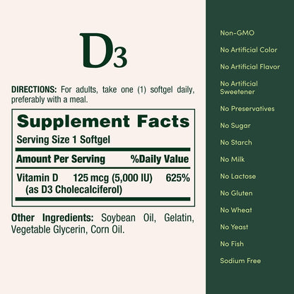 Nature's Bounty Vitamin D3 5000 IU Softgels, 240 Count