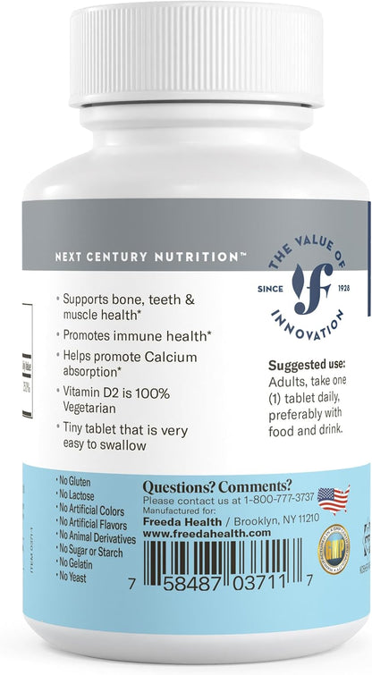 FREEDA Vitamin D2 2000 IU – Vegan Vitamin D for Bone Strength and Immune Support – 100 Small Tablets
