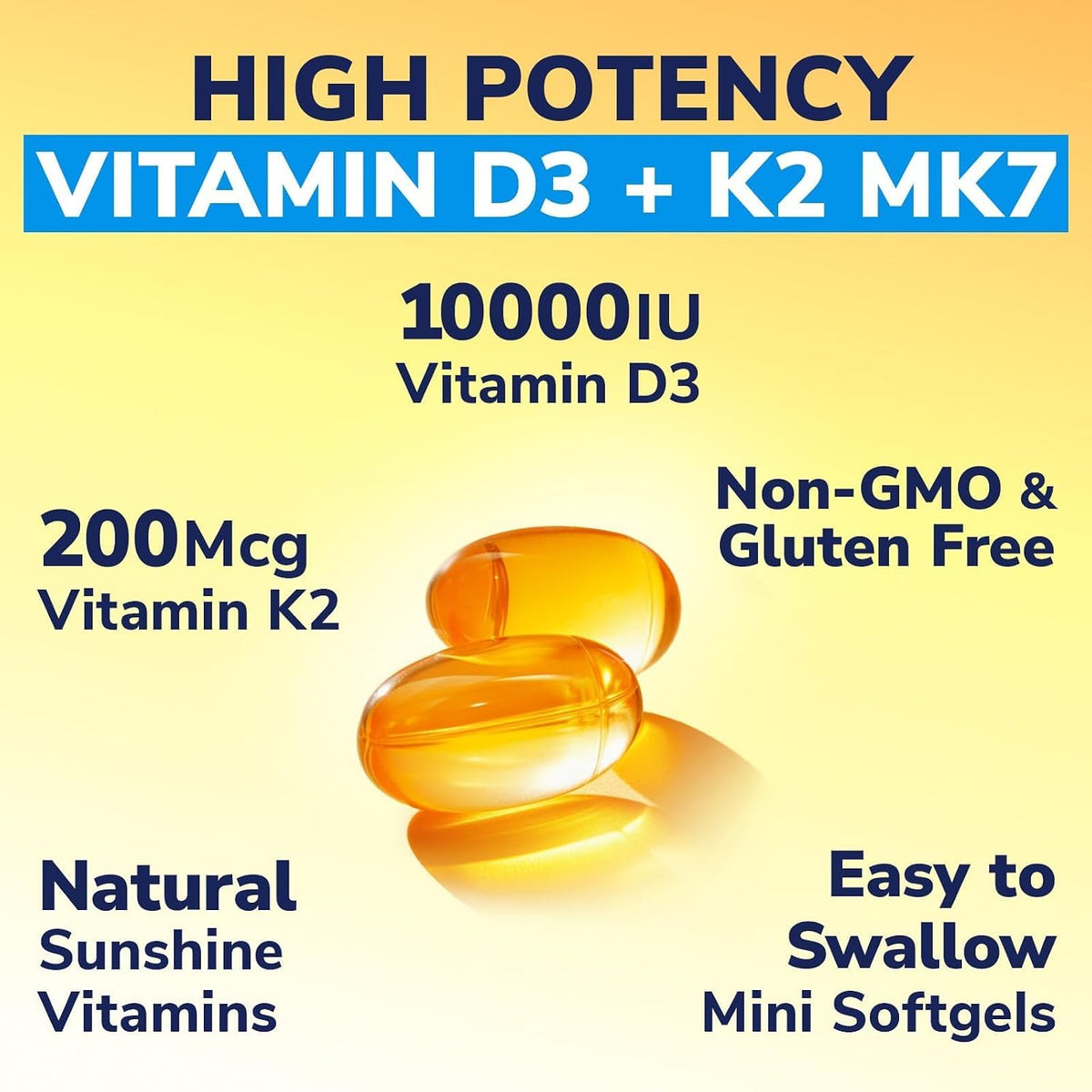 Vitalibre Vitamin D3 K2 Supplement, 10000 IU D3 / 200 mcg K2 MK7, 90 Soft gel capsules - görsel 4