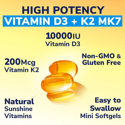 Vitalibre Vitamin D3 K2 Supplement, 10000 IU D3 / 200 mcg K2 MK7, 90 Soft gel capsules