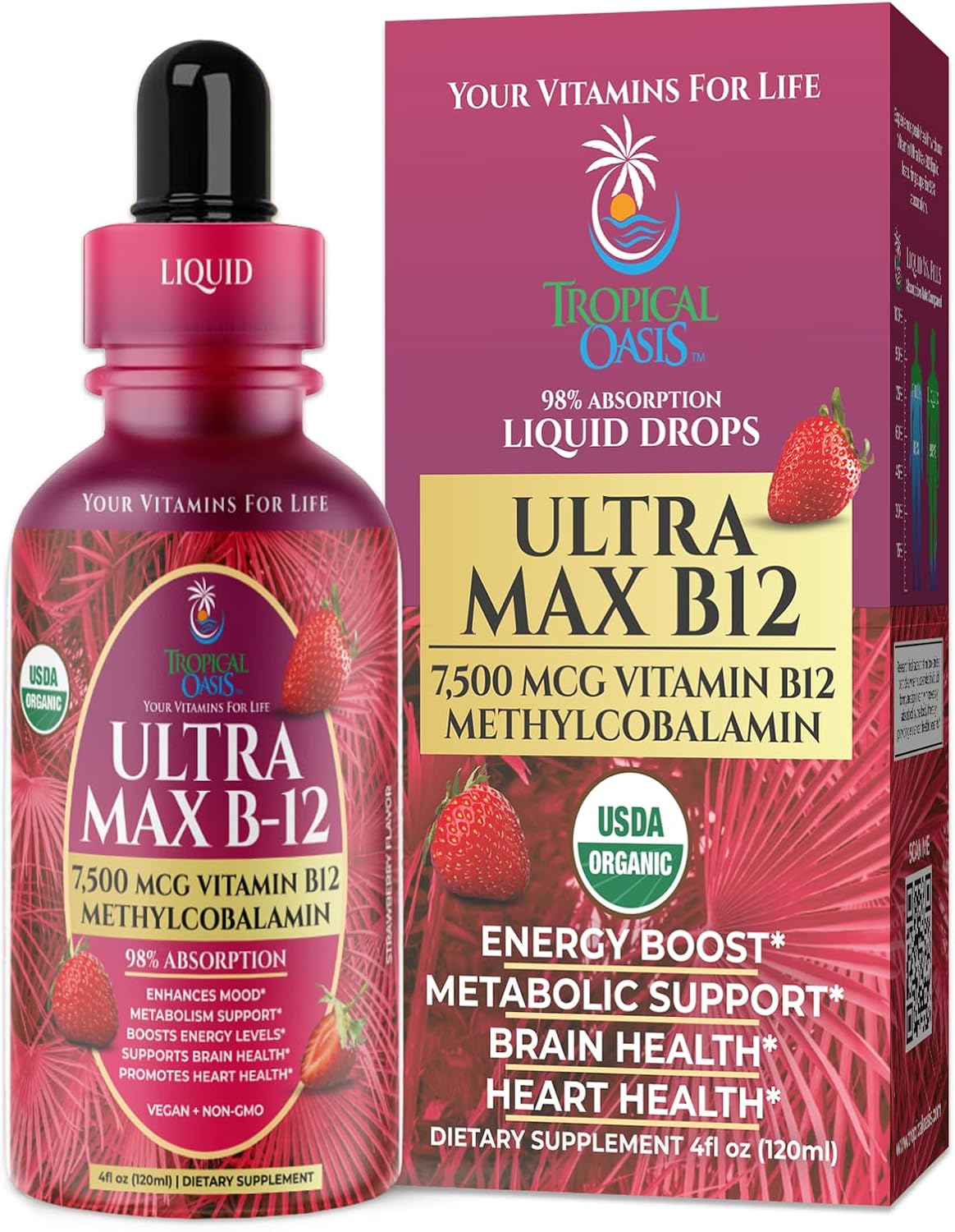 Ultra Max B12 - 5000mcg Sublingual Vitamin B12 Liquid Drops - Methylcobalamin - Vegan, Non-GMO, Strawberry Flavour - 118 ml - görsel 1
