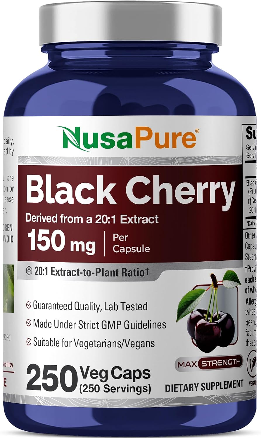 NusaPure Black Cherry Extract 150mg 250 Veg Capsules Max Potency, Non-GMO, Bioperine - görsel 1
