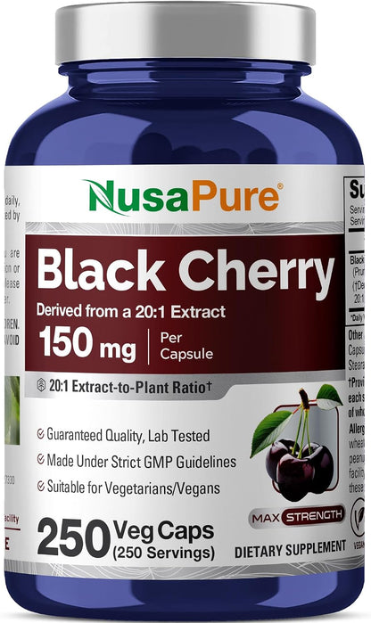 NusaPure Black Cherry Extract 150mg 250 Veg Capsules Max Potency, Non-GMO, Bioperine