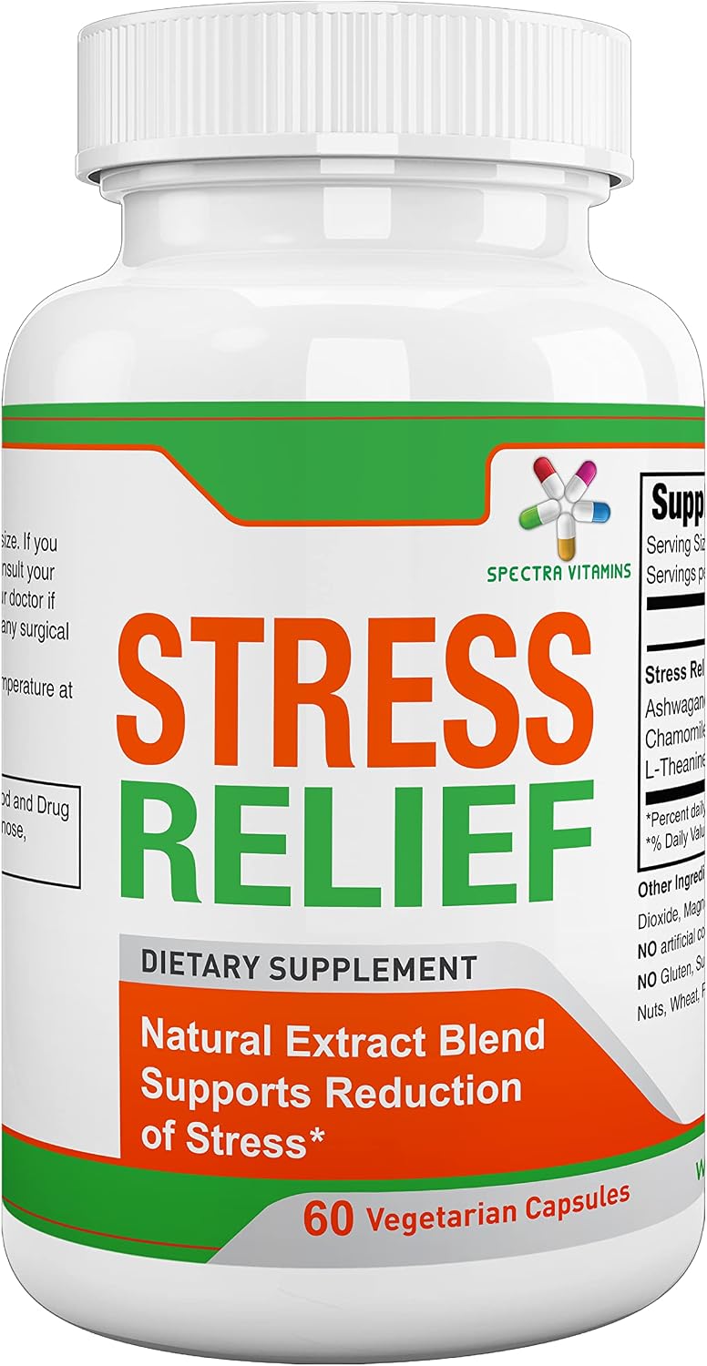 Spectra Vitamins Stress Relief for Adults - Natural Supplement with Ashwagandha, Chamomile & L-Theanine, Focus and Calm Support, 60 Capsules - görsel 1