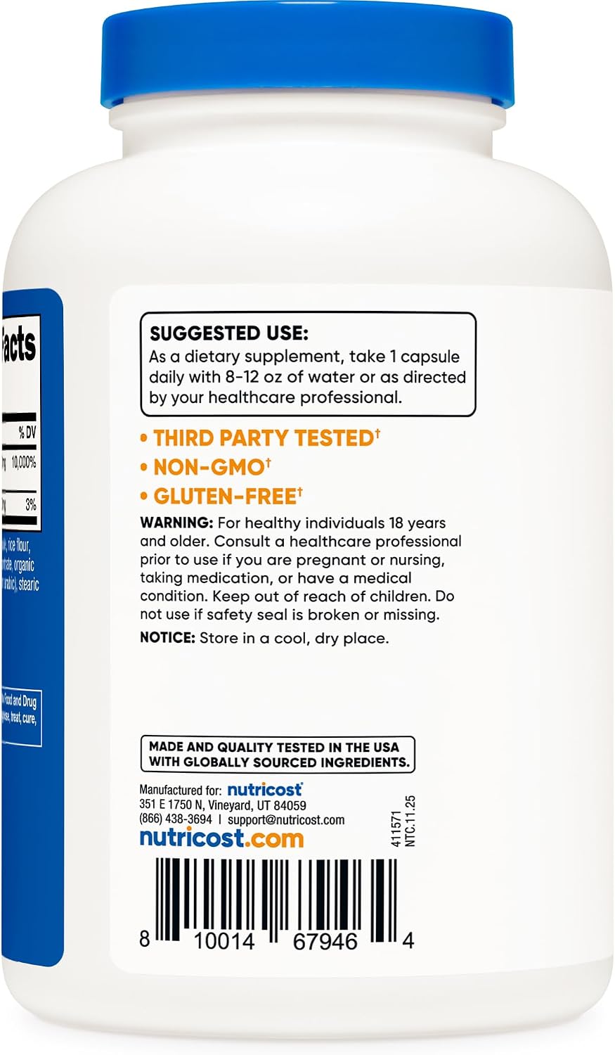 Nutricost Pantothenic Acid (Vitamin B5) 500 mg, 240 Capsules - görsel 4