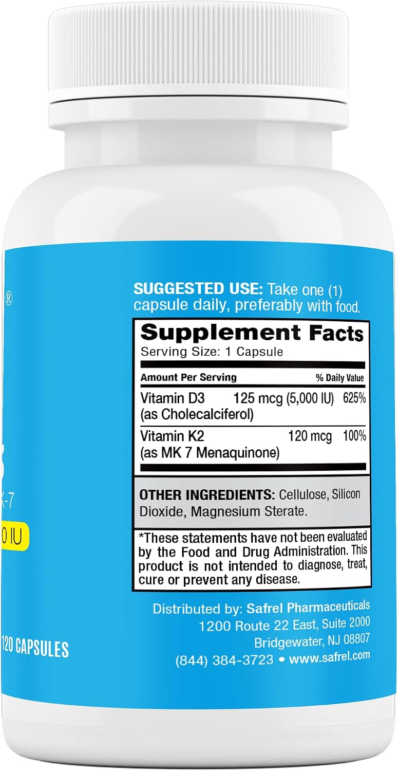 Safrel Vitamin K2 (MK7) 120 mcg + D3 5000 IU per Capsule, Bone, Immune & Heart Health, 120 Capsules - görsel 2