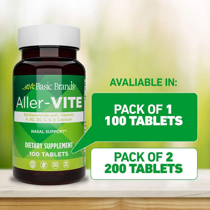 Basic Brands Aller Vite Nasal Support Tablets – High Bioflavonoid Complex with Vitamins and Calcium, Gluten-Free, 100 Tablets
