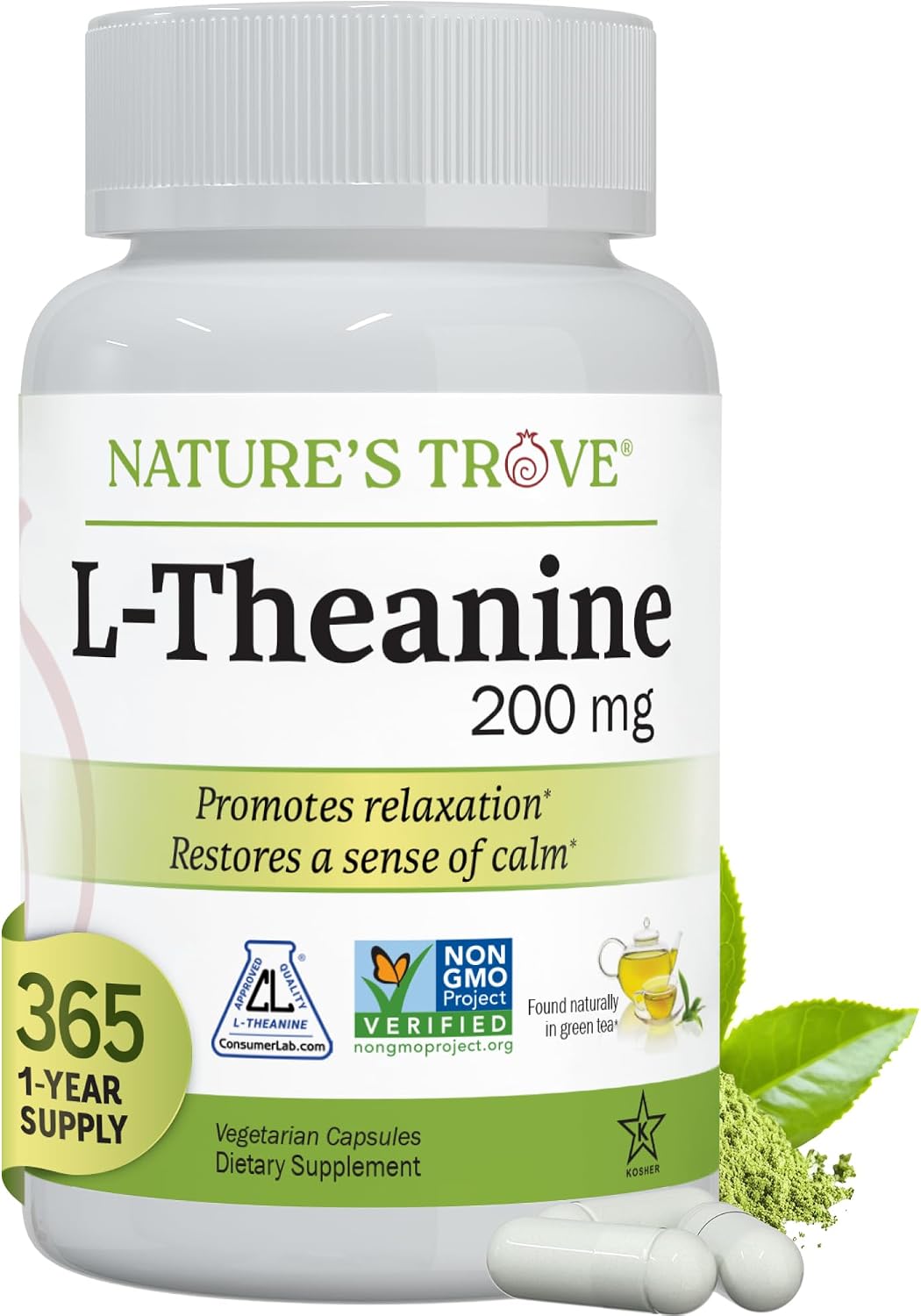 Nature's Trove L-Theanine 200mg - 365 Vegetarian Capsules (Super Value Size) - görsel 1