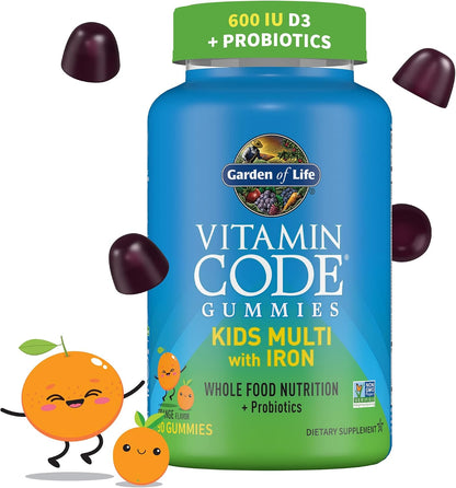 Garden of Life Vitamin Code Children's Multivitamin Gummies with Iron and Probiotics for Immune Health, Digestive Support & Energy, Vegan, Gluten-free, Non-GMO, Orange Flavour, 90 Gummies