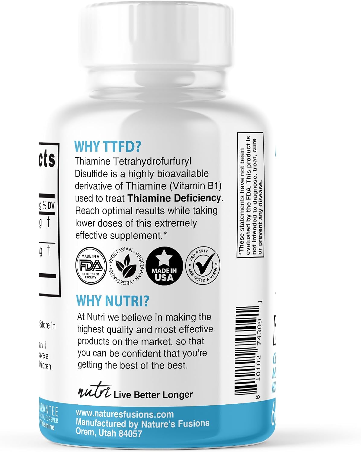 Nature's Fusions TTFD Thiamine B1 Supplement - 100mg with Magnesium, 60 Capsules - görsel 3