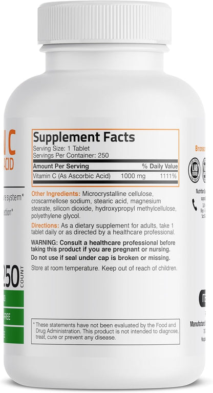 Bronson Vitamin C 1000mg – Non-GM Ascorbic Acid Tablets (250 Count)