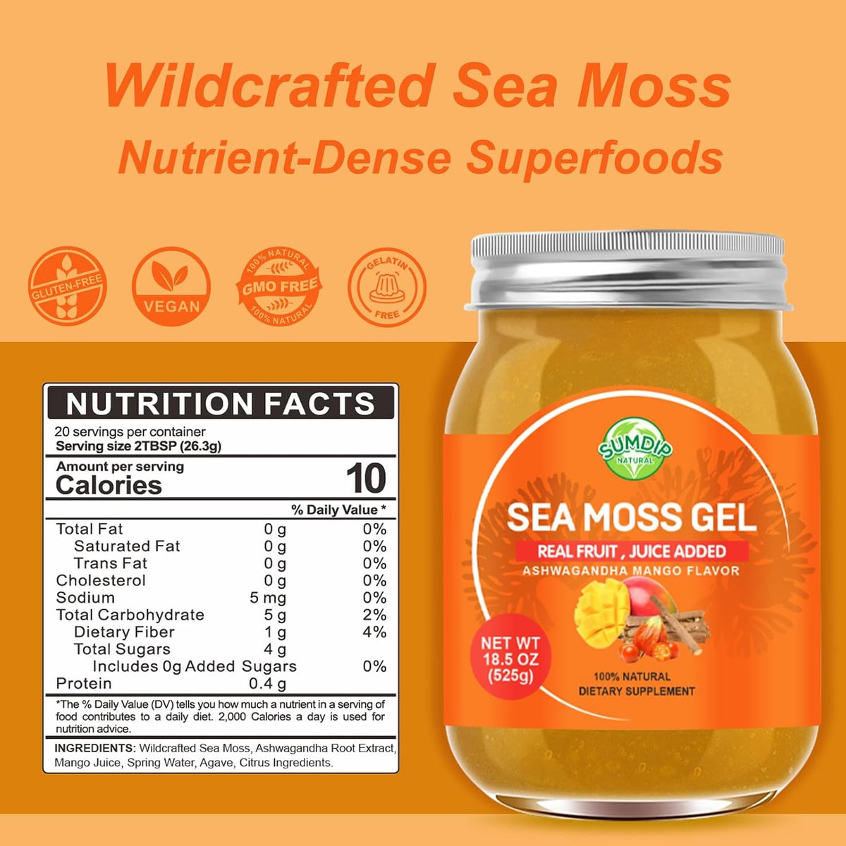 Sea Moss Gel – Raw Flavoured Irish Seamoss with Ashwagandha, Mango Flavour, Immune & Digestive Support, 524 g - görsel 2