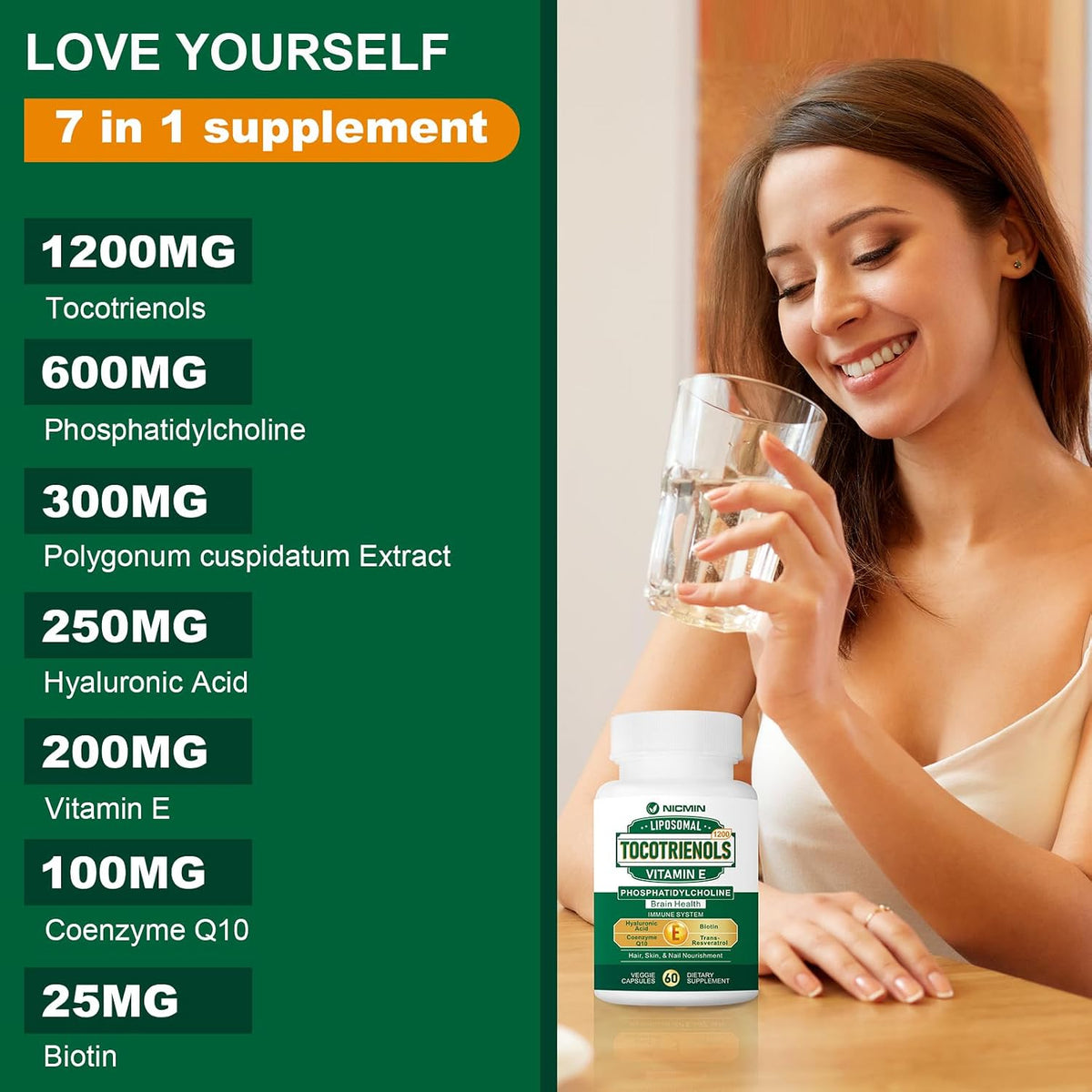 NICMIN Liposomal Vitamin E Tocotrienols 1200mg - High Absorption Formula with Phosphatidylcholine, CoQ10, and Hyaluronic Acid - 120 Capsules - görsel 6