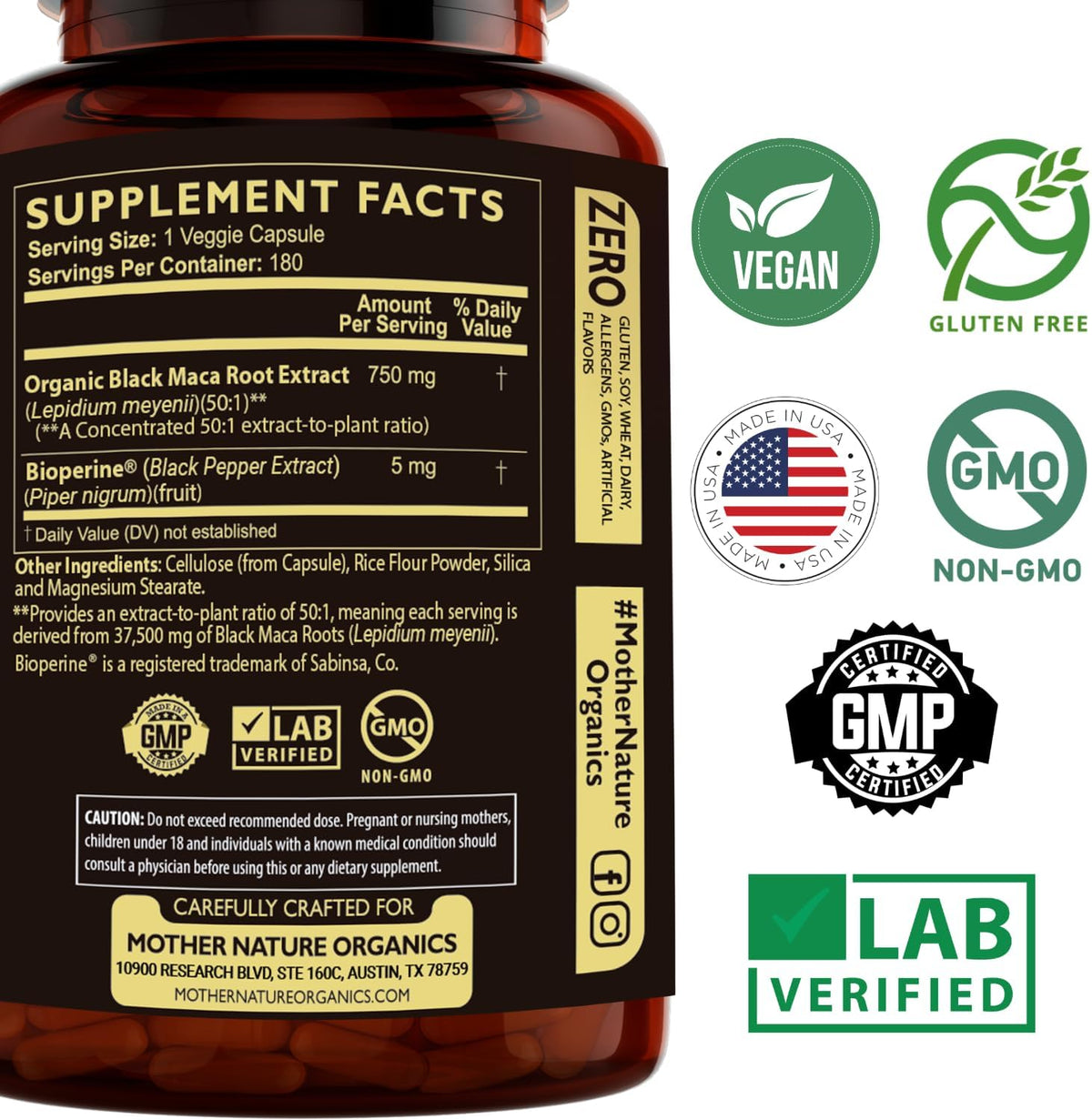 Organic Raw Black Maca 750mg with BioPerine, Energy and Performance, 180 Capsules - görsel 4