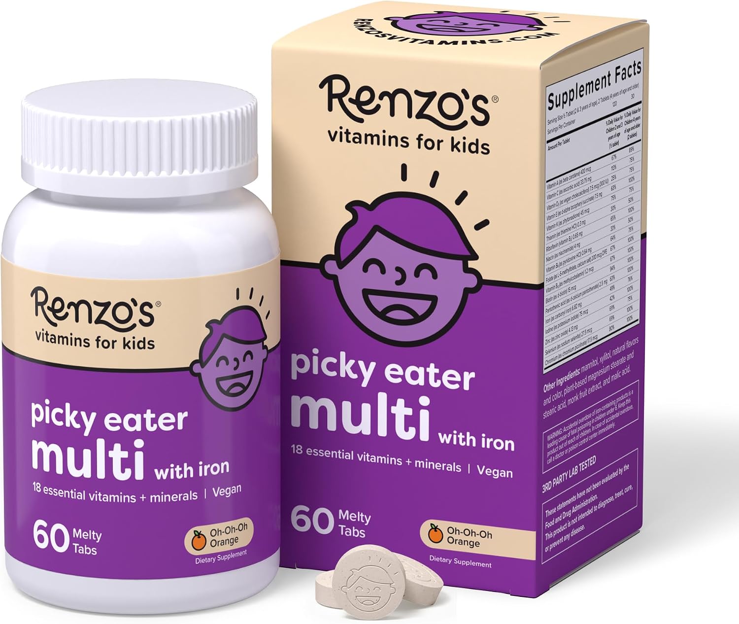 Renzo's Fussy Eater Kids Multivitamin with Iron - Dissolvable Melty Tabs, Cherry, 60 Tablets - görsel 10