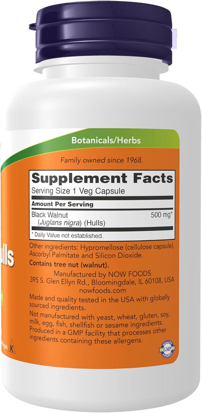 NOW Foods Black Walnut Hulls (Juglans nigra) 500 mg, 100 Veg Capsules