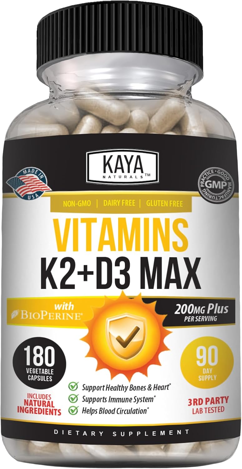 Kaya Naturals Vitamin K2 with D3 5000IU Supplement with Bioperine - Easy to Swallow Capsules (180 Count) - görsel 1
