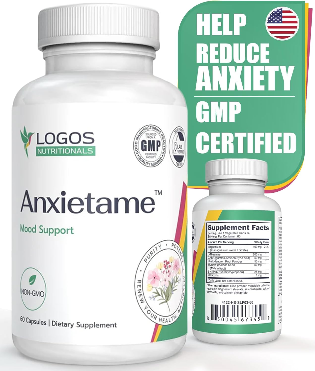 Logos Nutritionals Anxietame - 60 Capsules, L-Theanine Supplement for Mood and Sleep Support - görsel 1