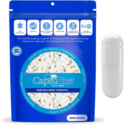 Capsuline Size 000 Empty Gelatine Capsules - Coloured White - 5000 Count - Kosher and Halal Certified - Non-GMO